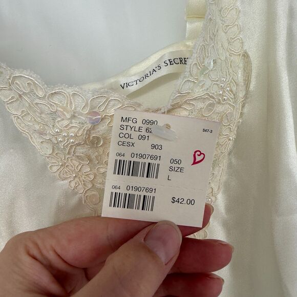 Vtg Victoria's Secret Slip Dress Chemise Sz L Ivory Lingerie 90s Coquette Bridal - Picture 10 of 12